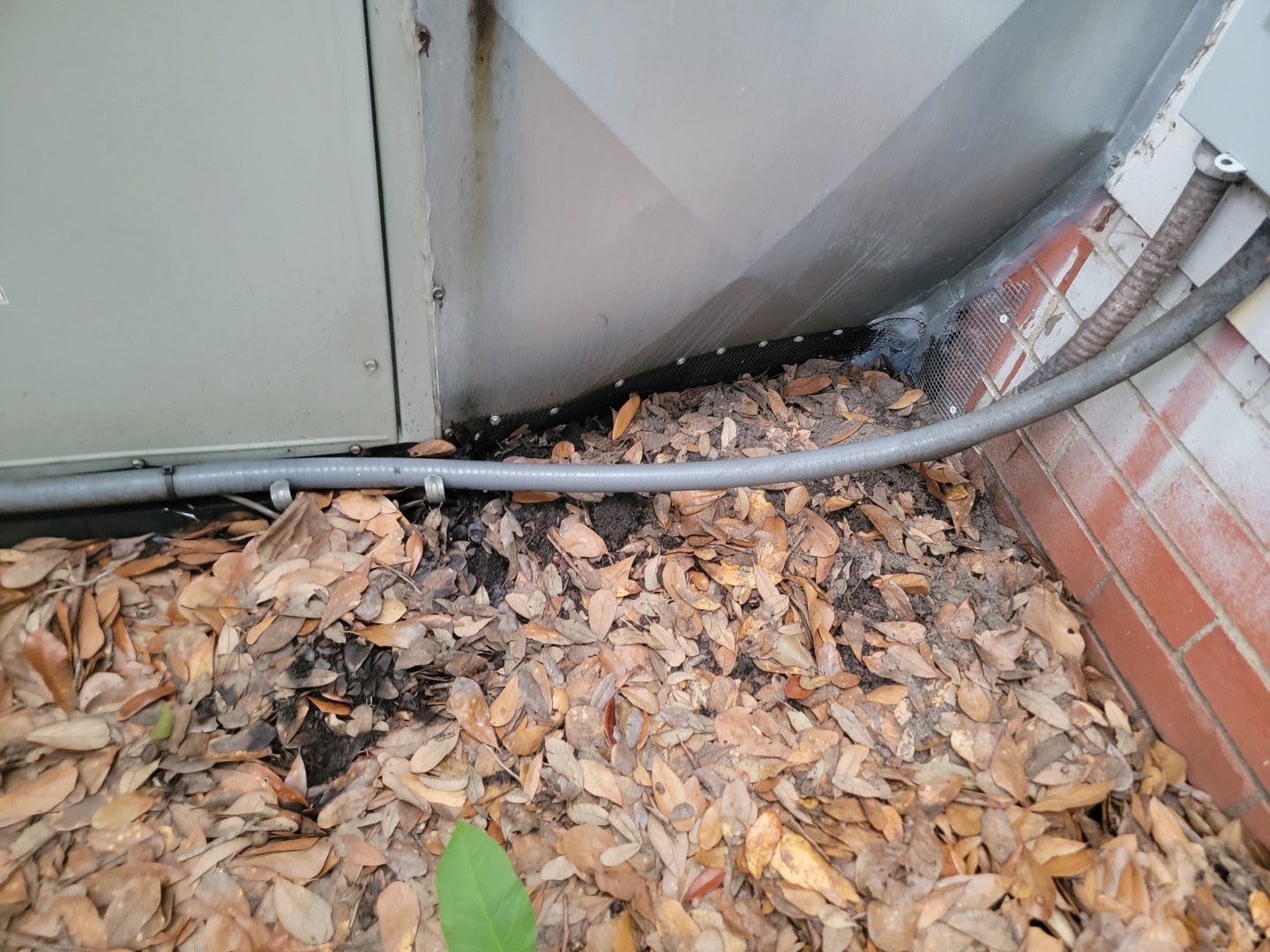 Mesh screening along the lower edge of an exterior HVAC assembly beside a brick wall.